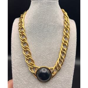 VTG Signed Trifari Large Black Cabochon Gold Tone Statement Double Link Necklace
